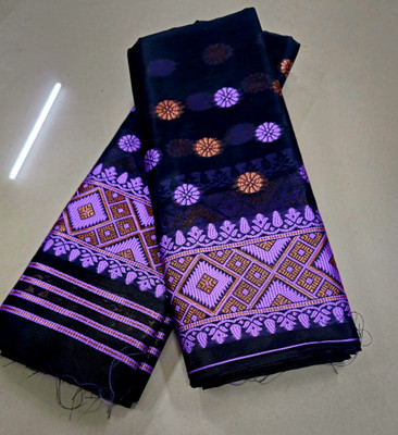 vraj enterprise Woven Mekhela Chador Pure Cotton Saree(Black, Purple)