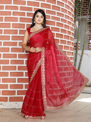 ANOUK Embroidered Saree with Attached Blouse Organza Saree(Red)