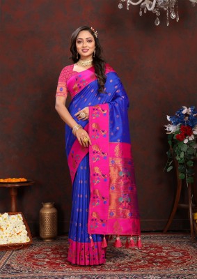 Niwaa Printed, Self Design, Embellished, Woven, Animal Print, Blocked Printed Paithani Jacquard, Silk Blend Saree(Blue)