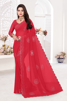 AVSAR TRENDZ Self Design Assam Silk Georgette Saree(Red)