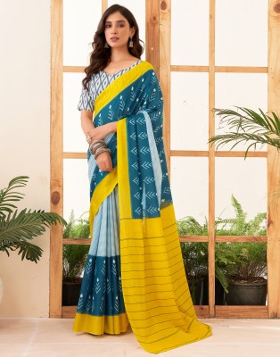 Samah Printed Handloom Pure Cotton Saree(Blue, Yellow, White)