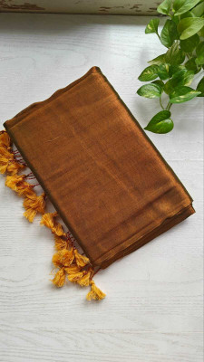 Raees Ethnic Woven, Solid/Plain Handloom Tissue Saree(Gold, Black)