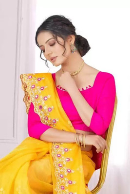 Mohini Fab Embroidered Bollywood Net Saree(Yellow)