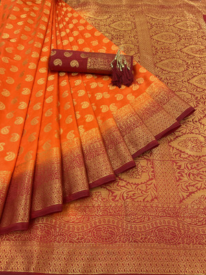 GajGajra Printed Arani Pattu Cotton Silk Saree(Orange, Maroon)