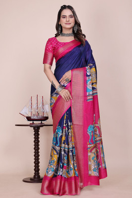 Aangan Silk Printed Daily Wear Cotton Silk Saree(Blue)