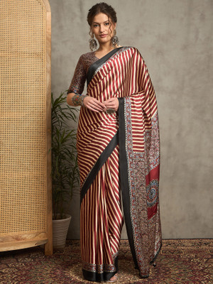 Tasrika Printed Hand Batik Crepe Saree(Maroon)