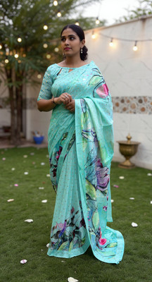 VEERACOLLECTION Printed Daily Wear Cotton Silk Saree(Light Blue)