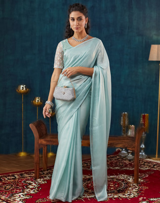 SIRIL Solid/Plain Bollywood Georgette Saree(Blue)