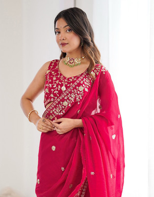 Satrani Embroidered, Embellished Bollywood Tissue, Jimmy choo Saree(Pink)