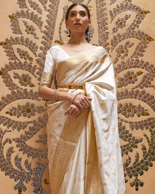 HouseOfCommon Woven Kanjivaram Silk Blend Saree(White)