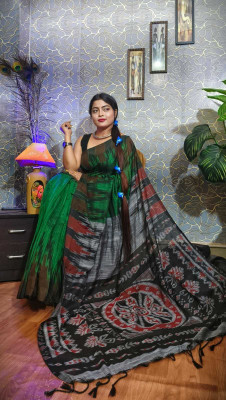 TRFASHIONHUB Printed Sambalpuri Cotton Blend Saree(Green)