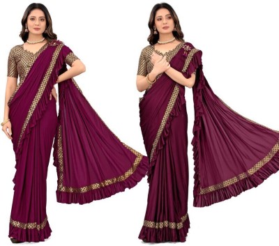 Treshpino Temple Border Bollywood Lycra Blend Saree(Pack of 2, Purple, Maroon)