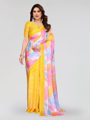 Divastri Printed Daily Wear Chiffon, Silk Blend Saree(Yellow)