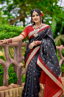 AJMERA FAISHON Temple Border Sambalpuri Cotton Blend Saree(Black)