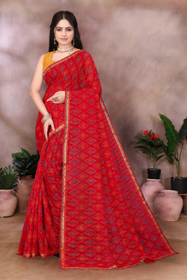 HouseOfCommon Printed Bandhani Georgette Saree(Red)