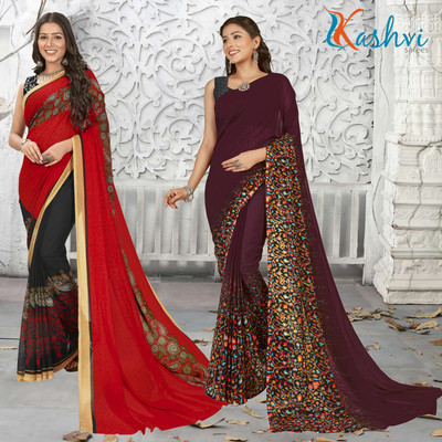 kashvi sarees Floral Print Daily Wear Georgette Saree(Pack of 2, Multicolor)
