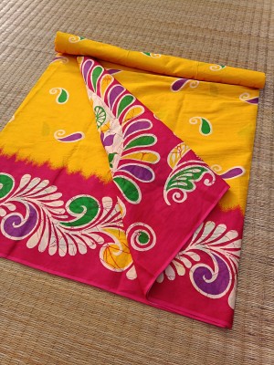 Happy Creation Printed Madhubani Handloom Cotton Blend Saree(Yellow, Red)