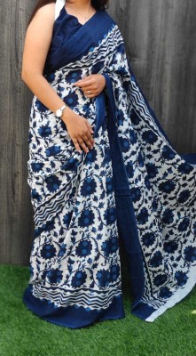 SUNDREESAREE Blocked Printed, Color Block, Floral Print, Printed Ikkat Pure Cotton Saree(Blue)