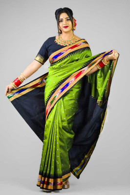Sijileen Temple Border, Woven Sambalpuri Art Silk Saree(Green)