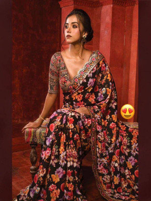 shree maruti fashion Printed Bollywood Georgette Saree(Black)