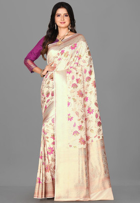 Arhan Traders Floral Print, Woven, Self Design Banarasi Art Silk Saree(Cream)