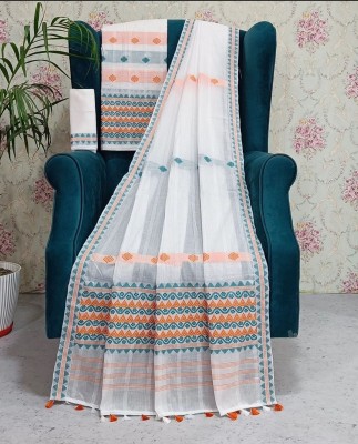 Crally Woven Mekhela Chador Cotton Blend Saree(White)