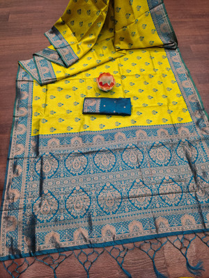 AVANTIKA FASHION Woven Kanjivaram Pure Silk, Art Silk Saree(Yellow, Light Blue)