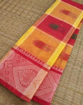 Parbati fashion Hand Painted Tant Pure Cotton Saree(Red, Yellow)