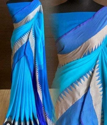 Sthaker Temple Border Handloom Cotton Blend Saree(Light Blue)