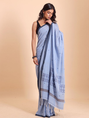 Blouson Printed Jamdani Pure Cotton Saree(Light Blue)