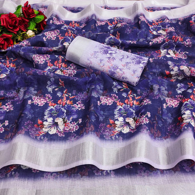 Myraani Digital Print Bollywood Cotton Linen Saree(Multicolor)