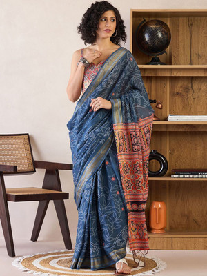 Anouk Rustic Printed Pre Draped Saree Cotton Blend Saree(Dark Blue)