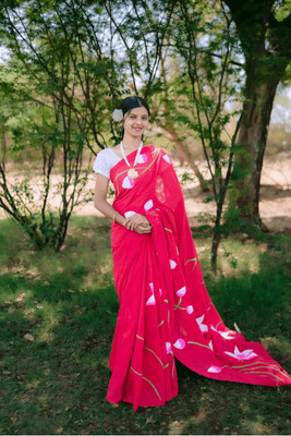 BiswasTextiles Self Design Handloom Cotton Blend Saree(Pink, White)