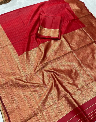 Samah Self Design, Woven, Embellished Banarasi Jacquard, Pure Silk Saree(Red, Gold)