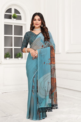 Mugdarra Floral Print Bollywood Georgette Saree(Blue)