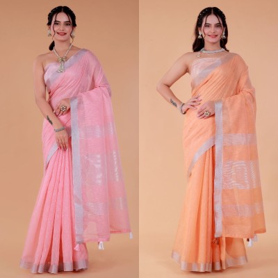 NEGRONI Solid/Plain Bollywood Linen Saree(Pack of 2, Pink, Orange)