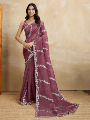 RekhaManiyar Embroidered Saree with Attached Blouse Chiffon Saree(Pink)