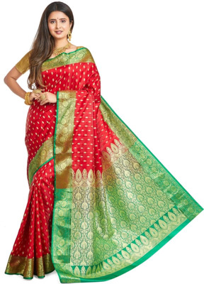 Krishneshwari Self Design, Embroidered Banarasi Pure Silk Saree(Maroon, Light Green)