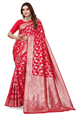 Owlsky Woven, Floral Print Kanjivaram Pure Silk, Art Silk Saree(Red)