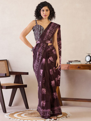Anouk Rustic Printed Pre Draped Saree Cotton Blend Saree(Purple)