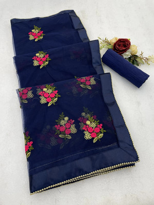 TANVI DESIGNER Embroidered Bollywood Net Saree(Blue)