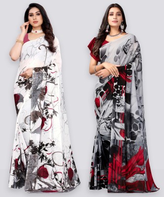 Samah Floral Print Daily Wear Georgette, Chiffon Saree(Pack of 2, White, Grey)