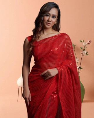 Jayu Digital Print, Dyed, Embroidered, Printed, Self Design, Striped Bollywood Georgette Saree(Red)