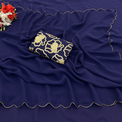 saanvi Self Design, Solid/Plain Bollywood Georgette Saree(Dark Blue)
