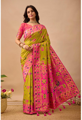 Kathavastra Animal Print, Floral Print, Woven Leheria Pure Silk Saree(Light Green)