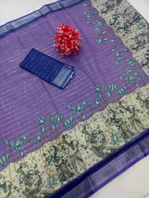 PRTRENDZ Printed Kanjivaram Pure Cotton, Cotton Linen Saree(Purple)