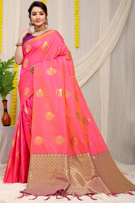 sarjan creation Self Design Kanjivaram Jacquard Saree(Pink)