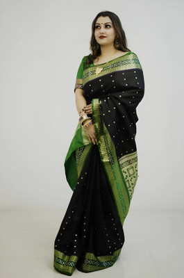 Sijileen Temple Border, Woven Sambalpuri Art Silk Saree(Black)