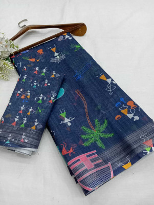 Mervadiya Self Design Bollywood Cotton Linen, Linen Saree(Dark Blue)