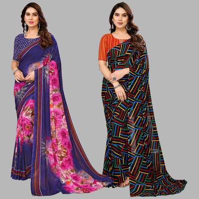 kashvi sarees Self Design, Printed Daily Wear Georgette Saree(Pack of 2, Blue, Pink, Multicolor)